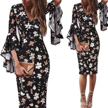 Размера плюс 3XL платье миди женское с цветочным принтом в горошек черный красный глубокий v-образный вырез с расклешенными рукавами элегантное обтягивающее облегающее платье-карандаш