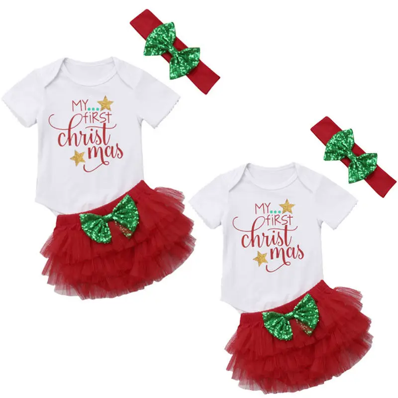 

2018 Baby Girls Christmas Clothes Sets Babies Girl Letters Bodysuit Tulle Shorts Outfits Xmas Costume Clothing Set 0-18M