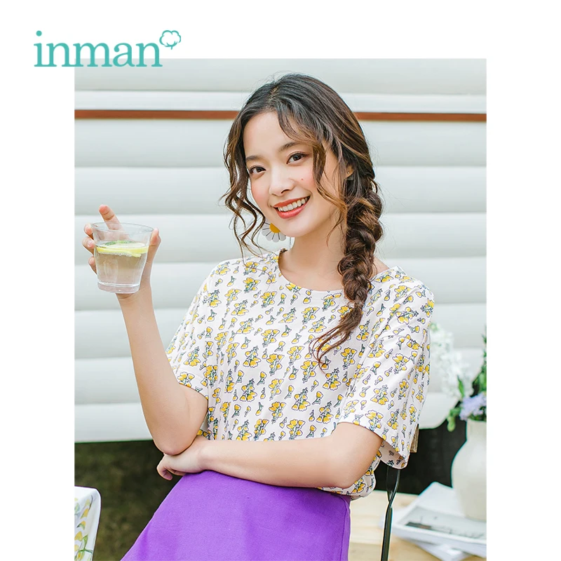

INMAN 2019 Summer New Arrival O-neck Retro Floral Casual Loose Korean Fashion Slim Short Sleeves Women T-Shirt