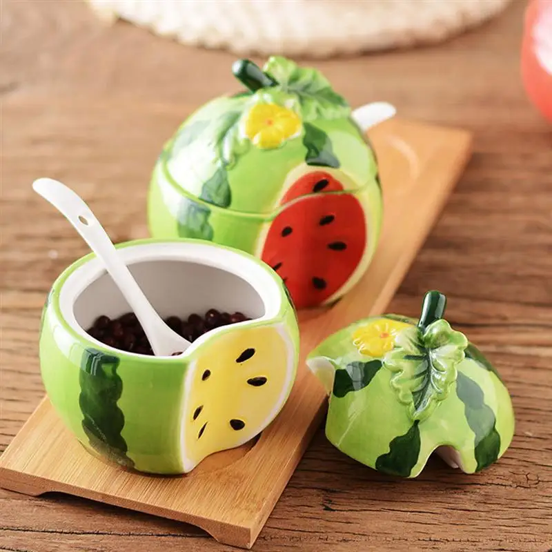 

Fruit Shaped Ceramic Spice Jar Food Storage Porcelain Condiment Container with Lid and Spoon for Seasoning Sugar Coffee Pepper