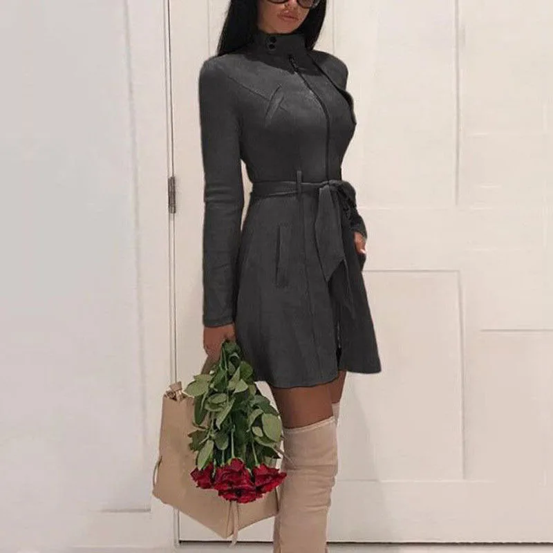 2019 Autumn Office Lady Slim High Waist Sashes Coat Solid Suede Leather Jacket Women Coat Slim Trench Coat Outwear Tops
