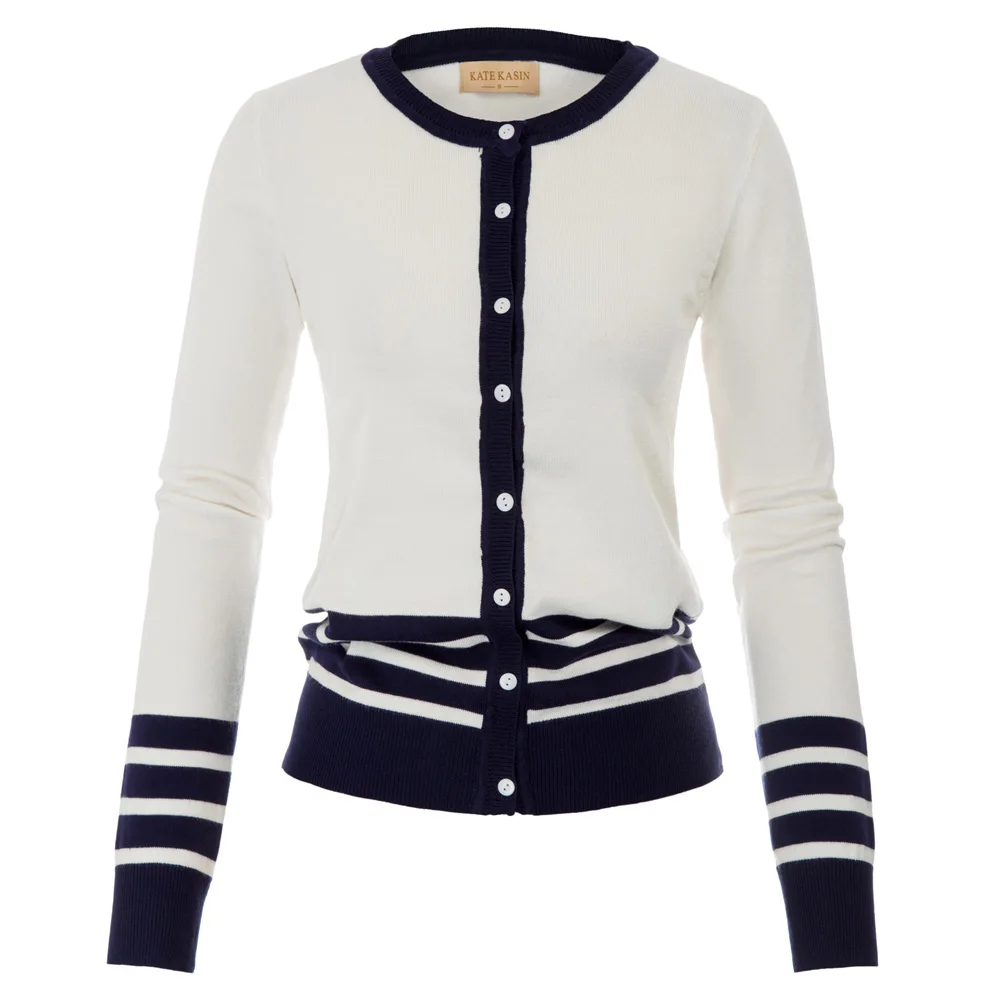 coat knitwear Womens warm vintage Spring Fall contrast striped Long Sleeve Crew Neck Coat Button Placket tops Stretchy Cardigan |