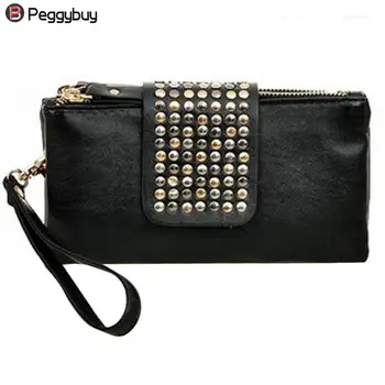 

Fashion Black Rivet PU Leather Women Handbag Zipper Long Clutch for ladies carteras y bolsos de mujer