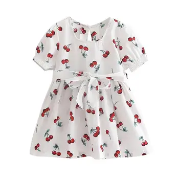 

Cute Fruit Cherry Print Cotton Summer Dress new Girl Kids Short Sleeve Bowknot Waistband O-Neck dresses vestidos платье летнее