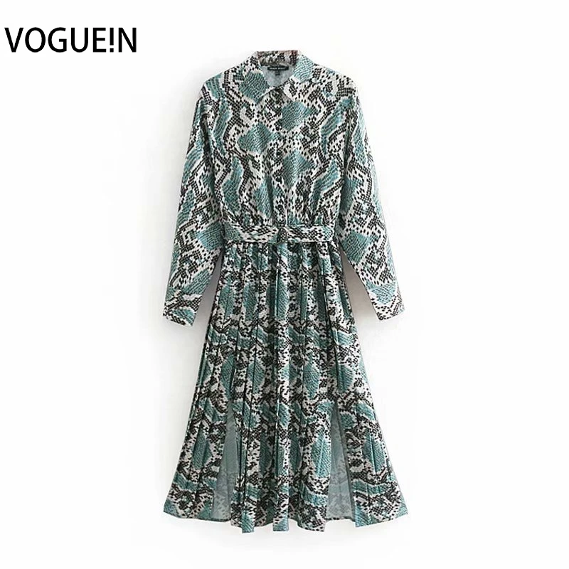 Женское платье миди VOGUEIN зеленое плиссированное с длинным рукавом и принтом в