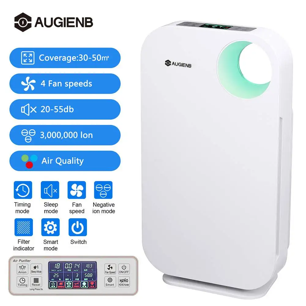 

AUGIENB Air Purifier WIth HEPA Filter Ionizer Remove Ozone Formaldehyde Dust Smoke Odor Cleaner Air Filter For Home Air Cleaner