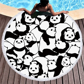 

Microfiber 150cm Round Beach Towel Adult Panda Printed Tassel Towel Luxury Blanket Large Soft Bath Towel Animal Tapestry Blanket