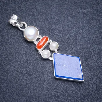 

Natural Lapis Lazuli,River Pearl and Red Coral Handmade Unique 925 Sterling Silver Pendant 2.5" A0541