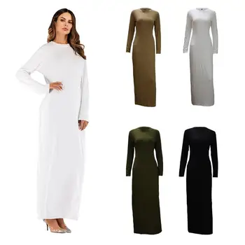 

5 Colors Women Modal Long Dress Solid Color Slim Elastic O-neck Long Sleeve Muslim Maxi Gown Casual Islamic Robe Dubai Autumn