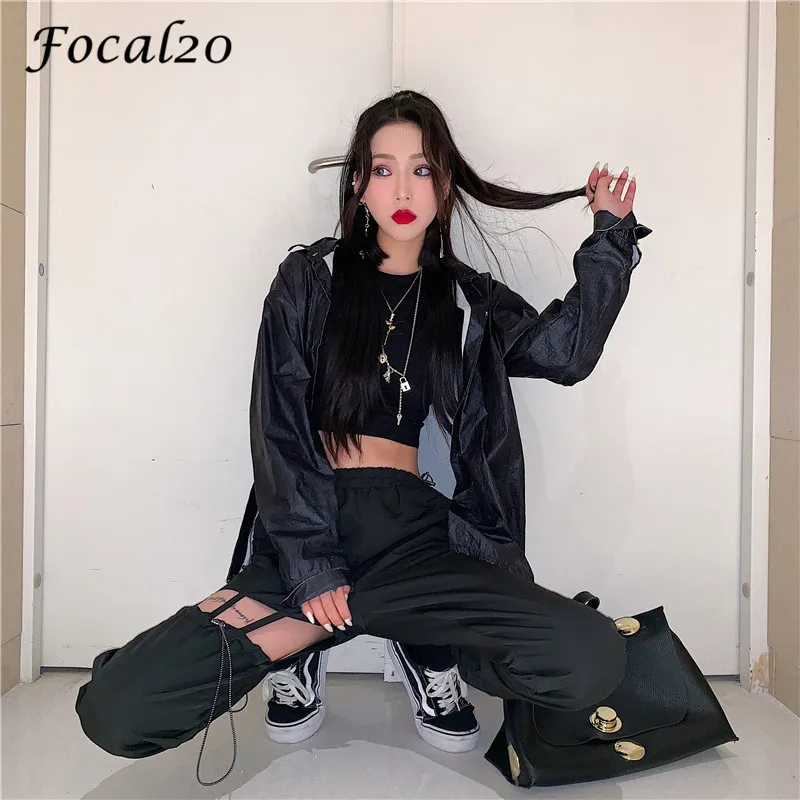 

Focal20 Harajuku Hole Drawstring Female Jogger Pants Trousers High Waist Loose Summer Spring Solid Color Women Jogger Pants