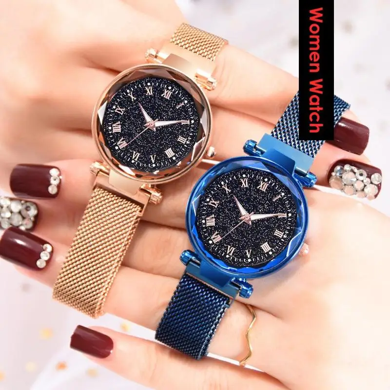 

NEW Women Mesh Magnet Buckle Starry Sky Watch Casual Luxury Women Geometric Surface Quartz Watches Relogio Feminino