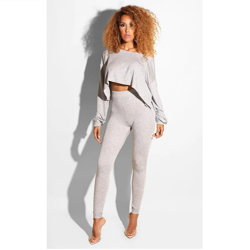 

New 2019 Women Tracksuits Loose Long Sleeves Crop Top High Waist Elastic Pants Clothes Sets