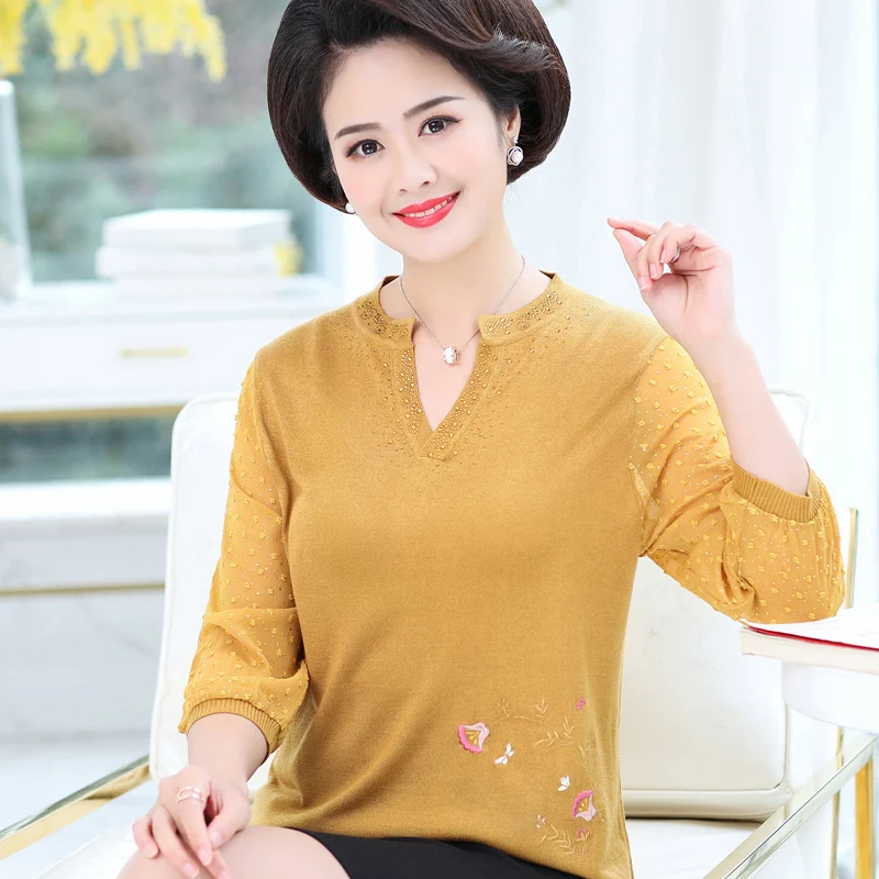 Middle Aged Women Sexy Sweaters V-neck 3/4 Sleeve Slim Tops Thin Knitted Jumpers Floral Embroidery Pullovers Plus Size 4XL