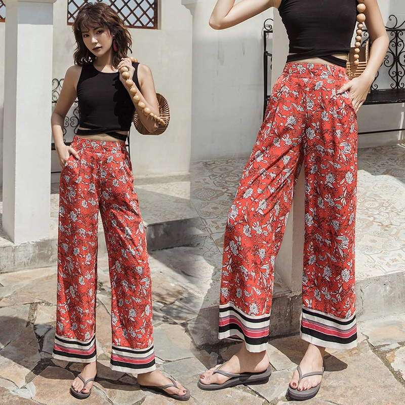 

2019 Floral Print Wide Leg Pants Women Long Casual Pant Summer Boho Beach High Waist Chiffon Trousers Holiday Trousers Plus Size