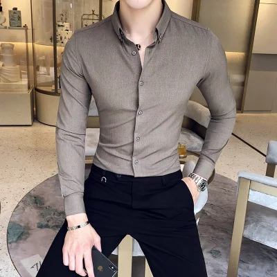 

2018 autumn exquisite solid color shirt British ya gentleman wind youth long-sleeved business anti-wrinkle men's slim shirt