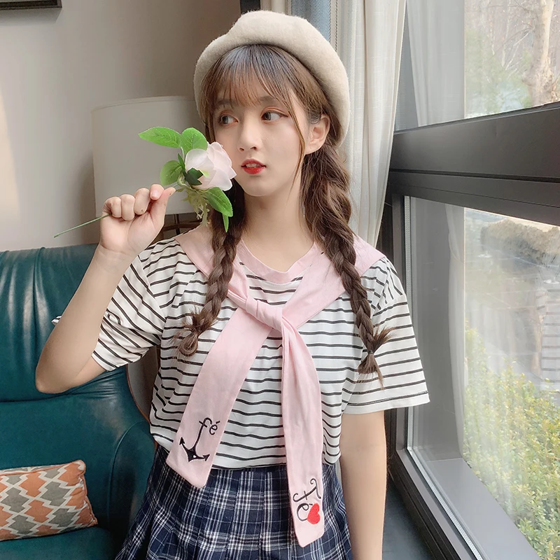 

2019 summer new striped short sleeve women t shirt chic Navy collar tie bow girls tops japan style sweet student t shirt