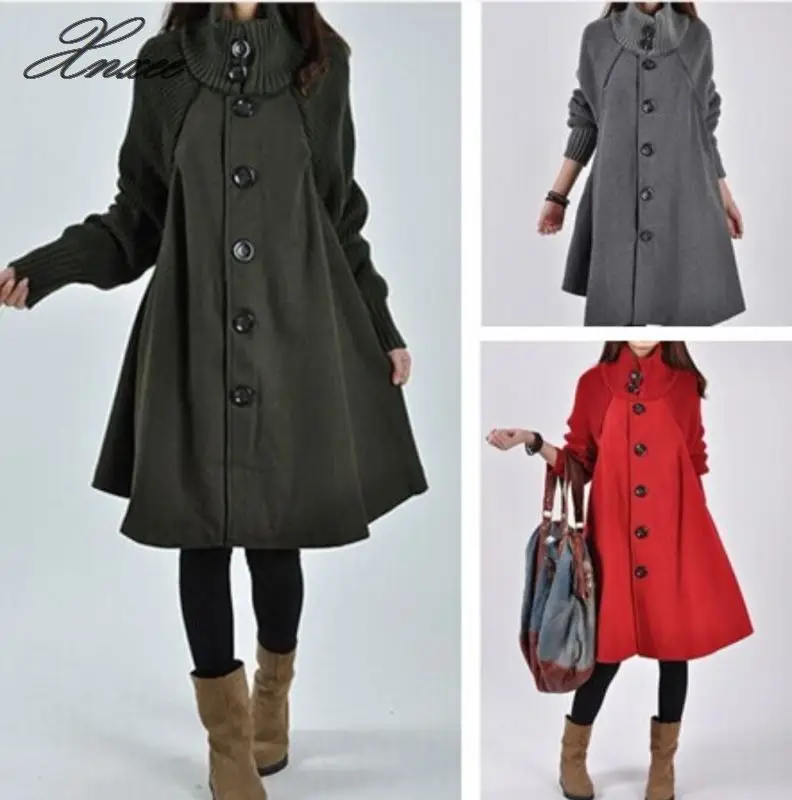 

Woman Single Breasted Long Sleeve Woolen Coats Lady Casual A -Line Long Coats Winter Warm Outwear