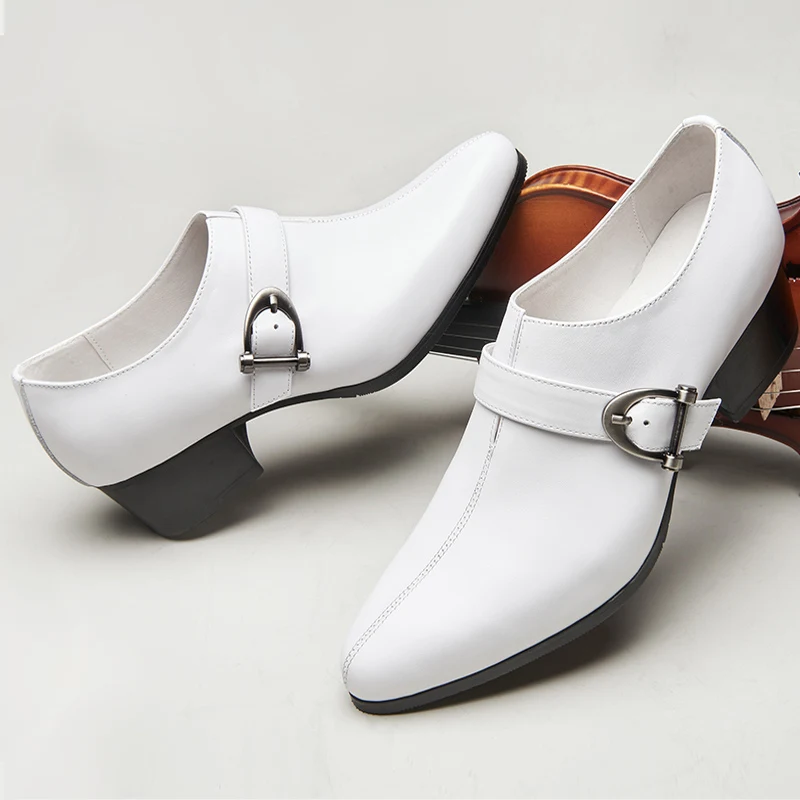 Novo couro real masculino elegante fivela cinto de salto alto sapatos