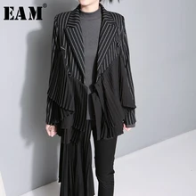 [EAM] Новинка, осенне-зимняя куртка с отворотом, длинным рукавом, в черную полоску, несимметричная, плиссированная, стежка, Женское пальто, модное, Tide JO278