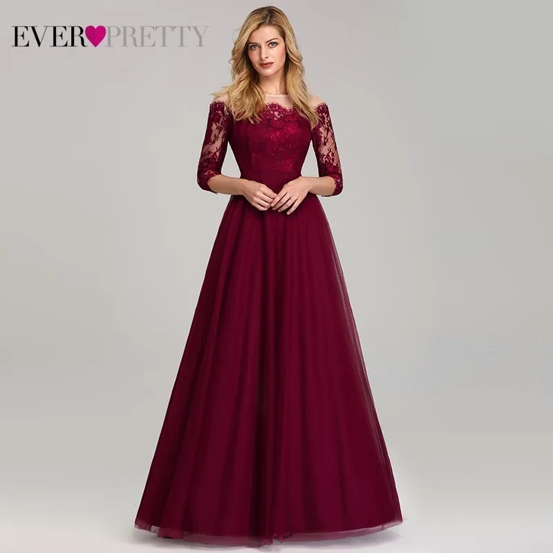 Vintage Burgundy Evening Dresses Long Off the Shoulder Boat Neck Ever Pretty EP07894 2019 Sexy Lace Tulle Elegant Party Gown Vintage Burgundy Evening Dresses Long Off the Shoulder Boat Neck Ever Pretty EP07894 2019 Sexy Lace Tulle Elegant Party Gown