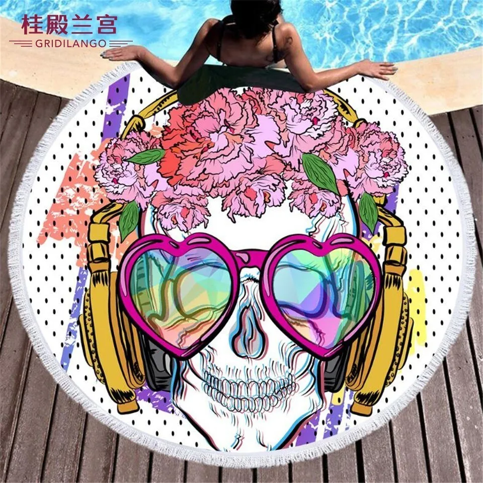 

GRIDILANGO Multi Cool Skull Pattern Round Beach Towel For Adult Quickly Absorbtable Swimming Travel Outdoor Blanket Bath Towel