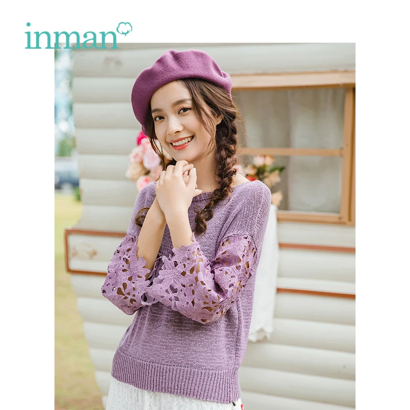 

INMAN Autumn O-neck Korean Fashion Casual All Matched Flare Sleeves Women Short Pullover