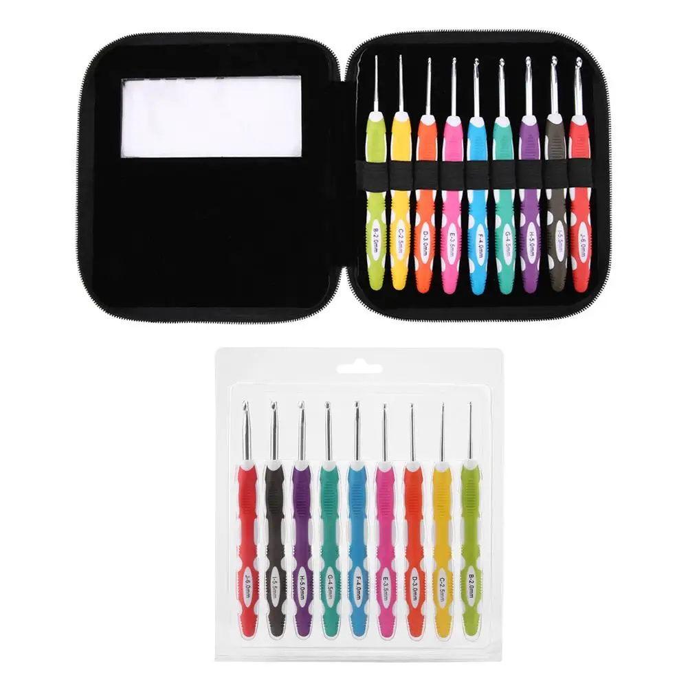 

9PCS Sewing Needles Crochet Hooks Set Knitting Smooth Needles Tools Ergonomic Plastic Handle Aluminum Hooks