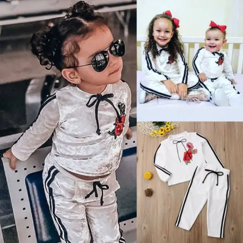 

Toddlers Kids Baby Girls Spring And Autumn Long Sleeve Clothes Set White Embroidery Tops Long Pants Outfit Tracksuit