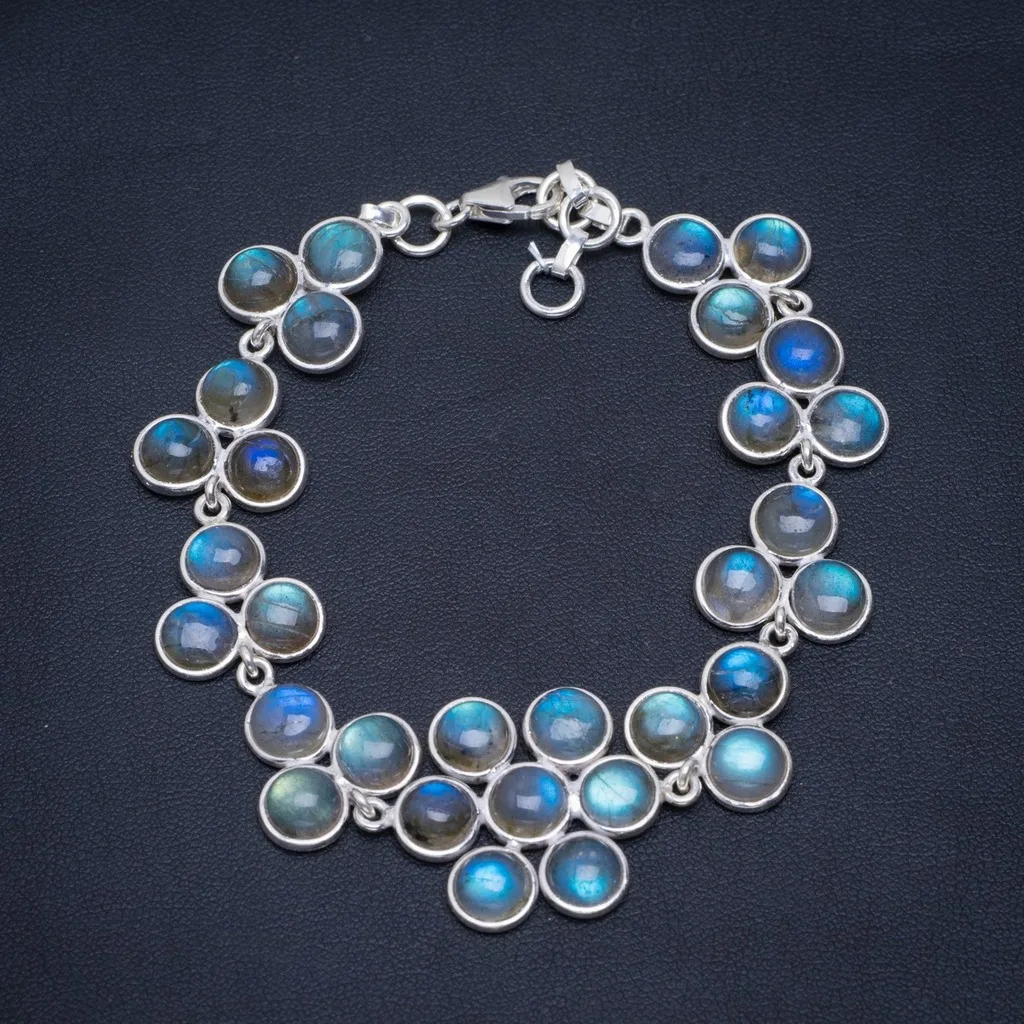 

Natural Blue Fire Labradorite Handmade Unique 925 Sterling Silver Bracelet 7.5-8.5" A2895