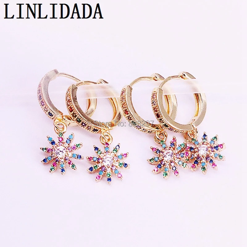 

8Pair New arrived fashion gold color rainbow cz paved flower charm dangle earring delicate charm earrings