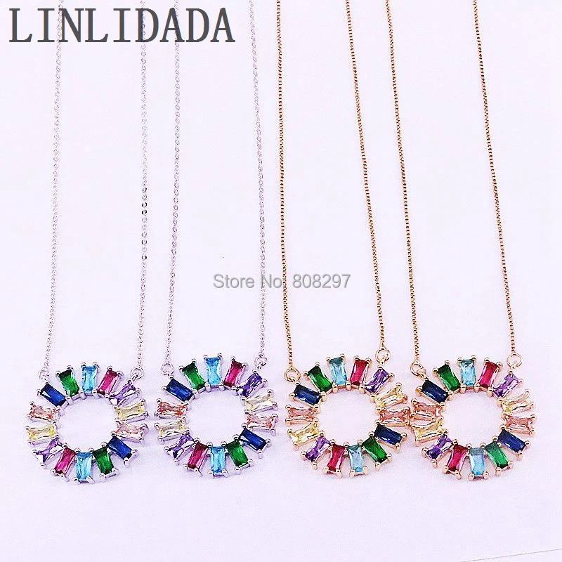 

8Pcs New design fashion Rainbow CZ Pave Round Pendant shiny Crystal Zircon Necklace women charm Jewelry