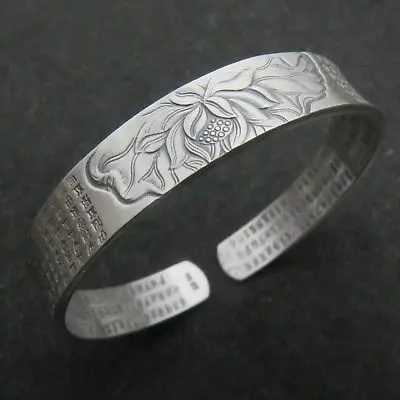 

S925 Sterling Silver Bangle Lucky Women's Lotus Heart sutra SZ 55-60mm