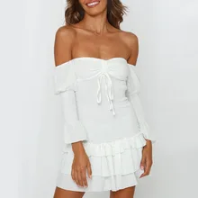 Sexy Women Ruffled Dress Female Long Sleeve Off Shoulder Dress Ladies Puff Sleeve Drawstring Mini Dress Sexy Women Ruffled Dress Female Long Sleeve Off Shoulder Dress Ladies Puff Sleeve Drawstring Mini Dress