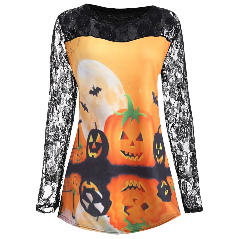 

ROSE GAL Women Tshirt Plus Size Tops Femme Halloween Pumpkin Moon Lace Insert Spring Summer T-Shirt Elastic Cotton Tee Shirt