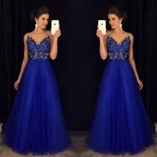 Королевский синий вышитые бисером платья для выпускного вечера Длинные платья партии largos elegantes de gala v-образным вырезом линии Формальные Вечеринка платья