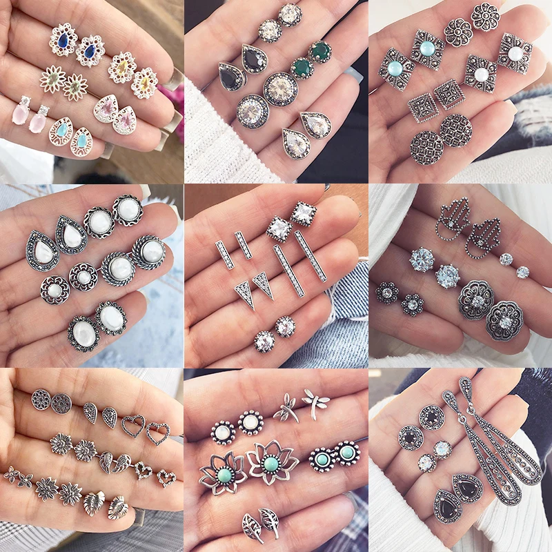 

Elegant Fashion Bohemian Crystal Set Jewelry Ear Stud Exquisite 11Pairs/set Women Rhinestone Pearl Boho Earrings