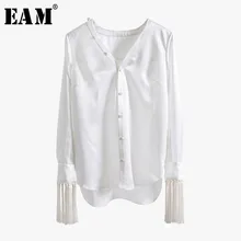[EAM] Новинка, Осень-зима, белая однобортная рубашка с v-образным вырезом, длинным рукавом и кисточками, женская блузка, модный тренд 1C055