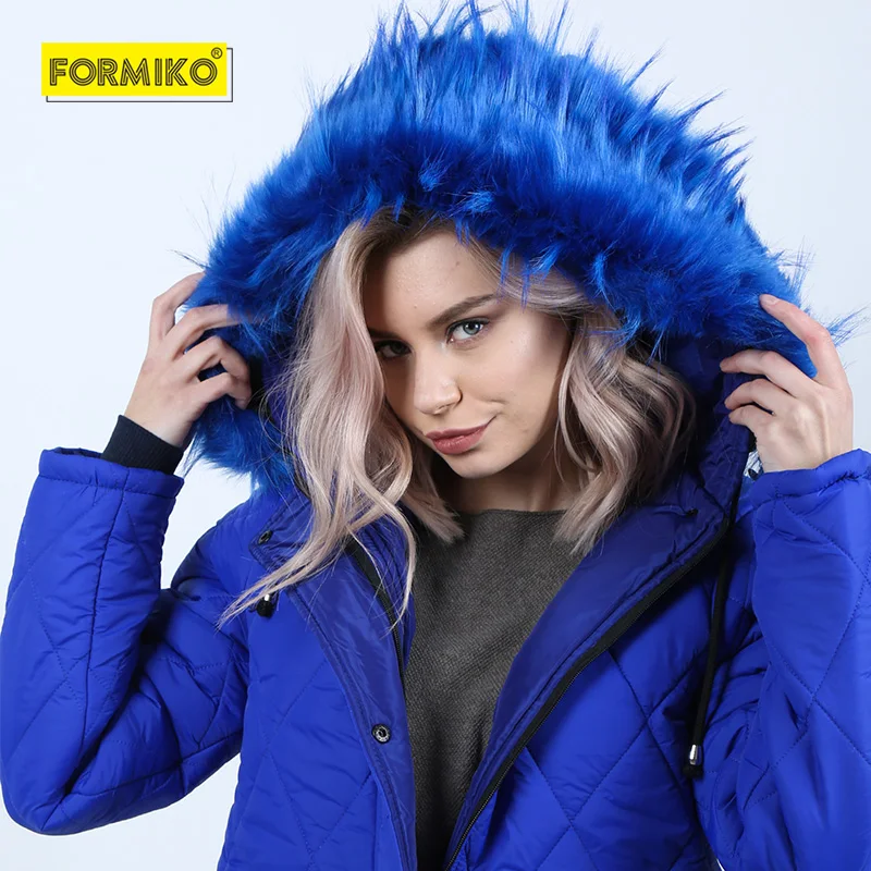 

Formiko women fur collar hooded coat 2018 winter thicken warm long jacket female slim long down cotton ladies overcoat Parka