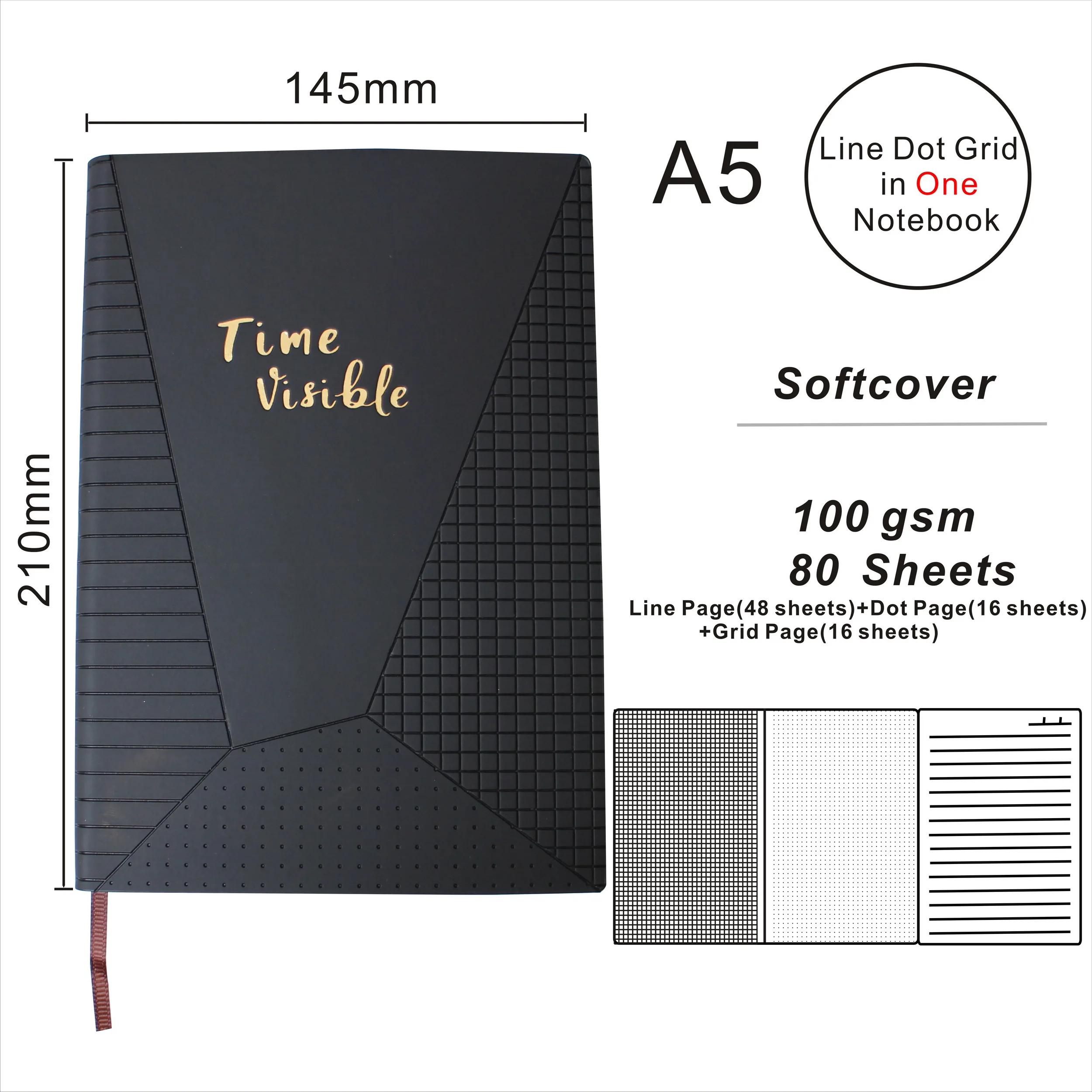 A5 Softcover Line Dot Grid in One Notebook Пользовательский логотип дневник из искусственной кожи