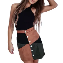Las Mujeres de Moda Vintage de Cintura Alta Solo Pecho Colorblock Suede Falda Corta para Mujer Casual Slim Una Mini Falda con Botón Las Mujeres de Moda Vintage de Cintura Alta Solo Pecho Colorblock Suede Falda Corta para Mujer Casual Slim Una Mini Falda con Botón