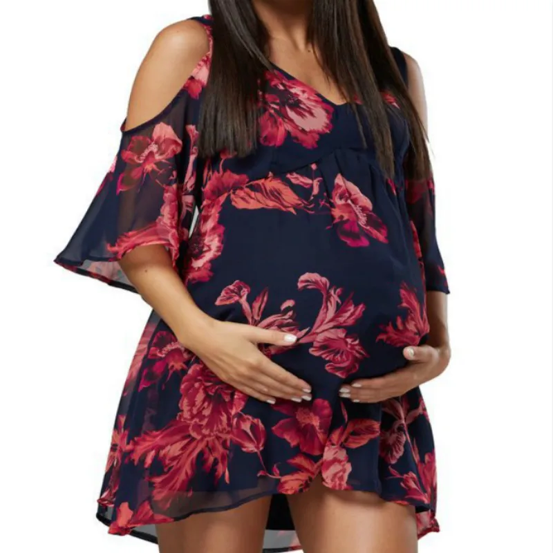 

New Pattern V Lead Strapless Short Sleeve Split Joint Easy In Pregnant Woman Dress elegant maternity dresses Factory Low price