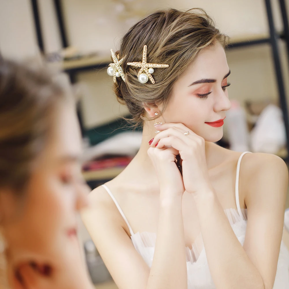 

Gold Color Metal Starfish Hair Clips One Piar Barrettes Accessory Fashion Girls Birthday Headdress Side Clip Photography Earring