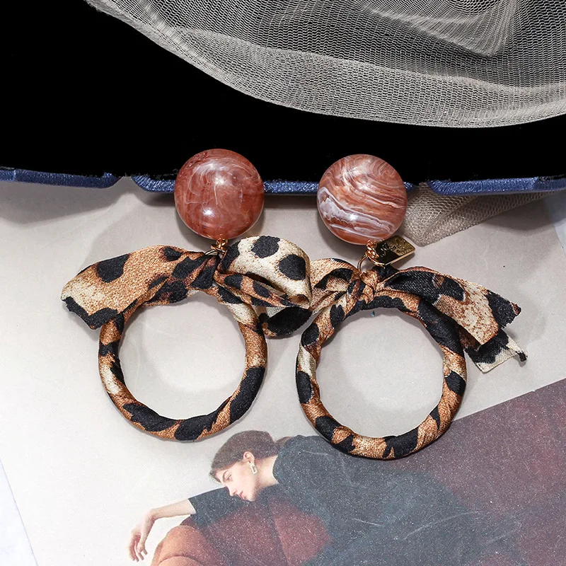 FYUAN Korean Style Lady Round Brown Acrylic Earrings Bowknot Leopard Cloth Earrings for Women Jewelry Accessories