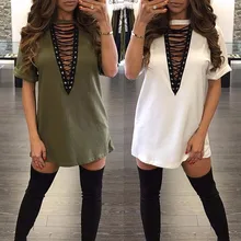 Весенние женские платья размера плюс S-5XL, платье на шнуровке с глубоким v-образным вырезом и коротким рукавом, повседневные Мини платья для женщин