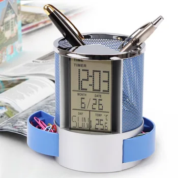 

Mesh Pen Pencil Holder With Digital Lcd Office Desk Clock With Time Temp Calendar Function Blue
