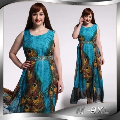 

Bohemian Loose Sleeveless Beading Floor-length O-neck Summer Chiffon Beach Dress Peacock Feather Boho Maxi 9XL Plus Size