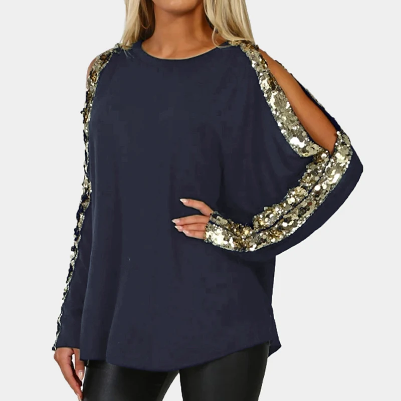 

Fashion Sequined Blusas Femininas 2019 Women Casual Patchwork Basic Shirts Ladies Autumn Long Sleeve O-Neck Tunic Tops Blouses