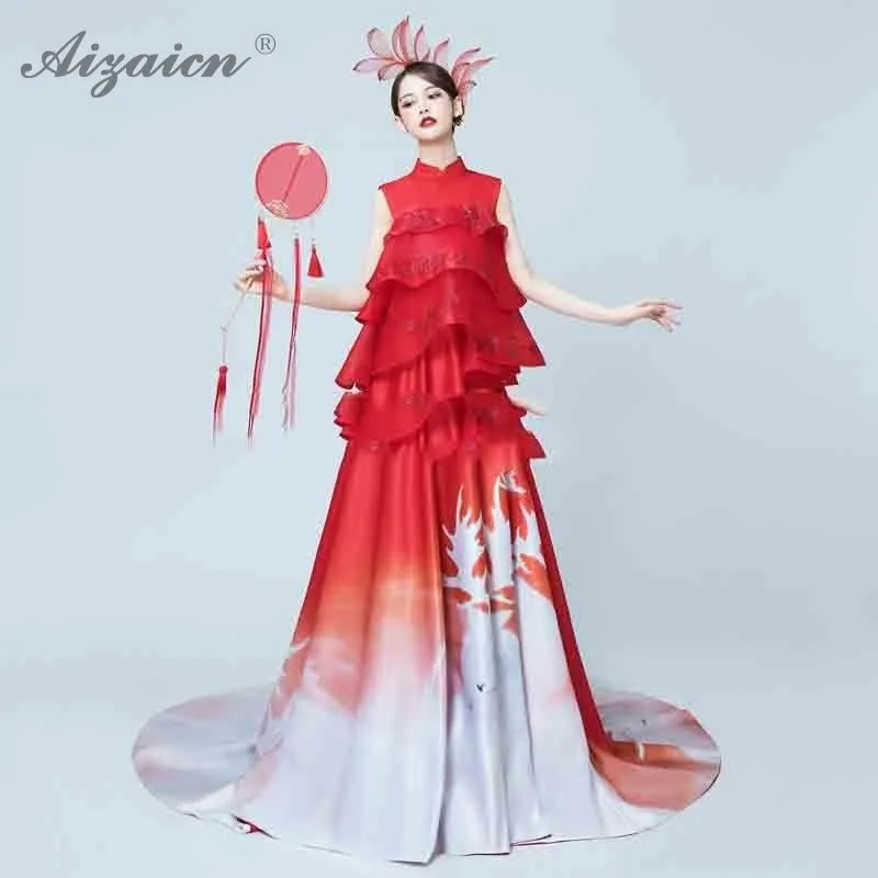 

Red Chinese Dress Qipao Long Cheongsam Modern Silk Qi Pao Tailing Chinoise Evening Gown Fashion Traditional Catwalk Dresses