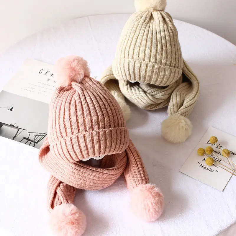 

Lovely 2pcs Boys Girls Cap&Scarf Set Crochet Knit Warm Hat Pure Color Fluffy Pompom Ball Faux Fur Knitting Scarf