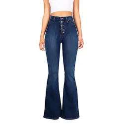 Для женщин Винтаж Высокая талия эластичный Мульти Кнопка Fit Flare Джинсы для дамы повседневное промывают джинсовые мотобрюки